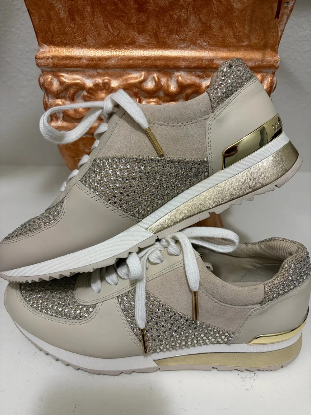 Michael Kors Beige and Gold Crystal-Embellished Sneakers